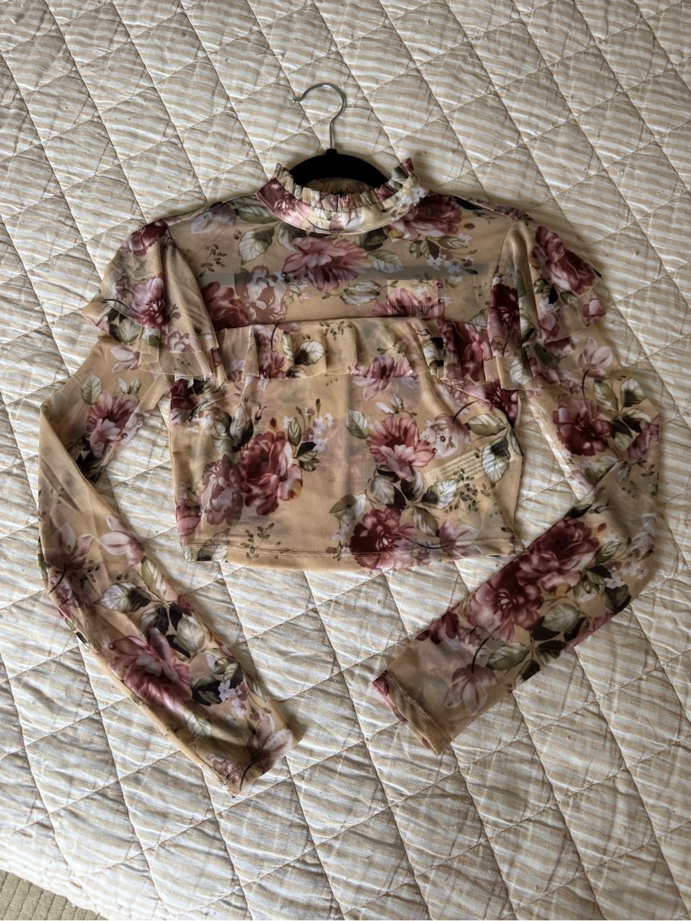 Forever 21 Beige Floral Ruffle Mock Neck Crop Top
